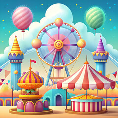 lively fairground with vibrant rides and cotton ca