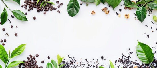 An arrangement of coffee beans and tea leaves forms a floral frame on white background, ideal for adding messages with copy space image.