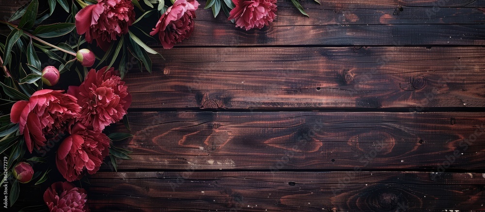 Poster wooden background with peonies for social media. texture highlighted in the copy space image.