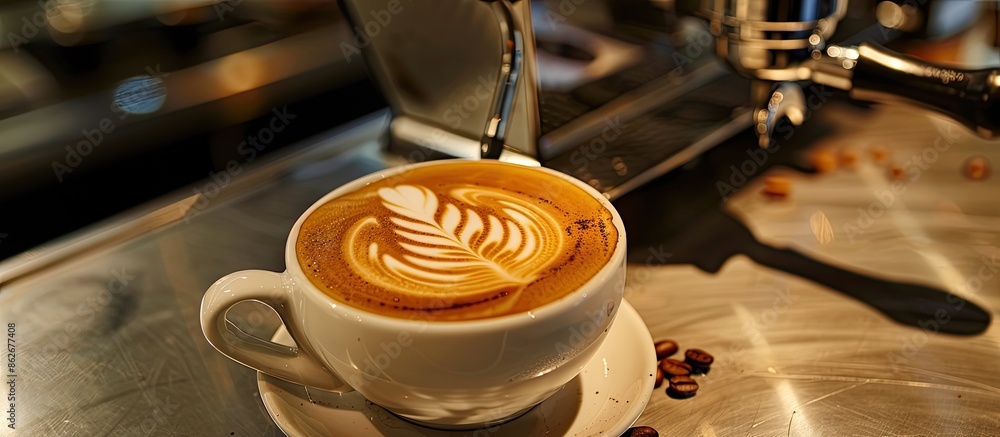 Poster Capture a candid image of preparing a Flatwhite Cappucino with Espresso at home, featuring copy space.