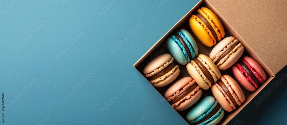 Poster a cardboard box filled with vibrant macaron cookies against a copy space image.