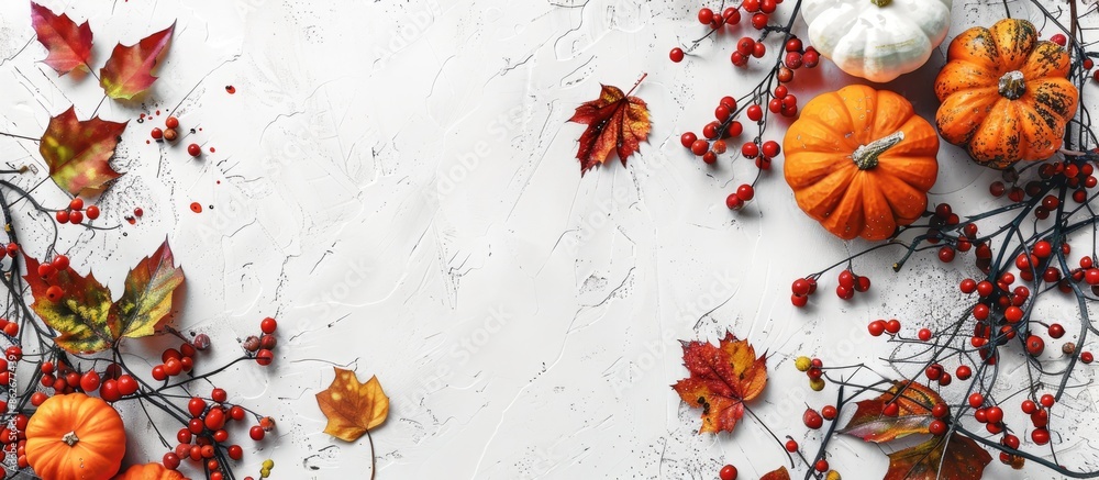 Poster Festive fall decoration with pumpkins, leaves, and berries on a white rustic backdrop, creating a flat lay design with a blank area for inserting text or images. Copy space image