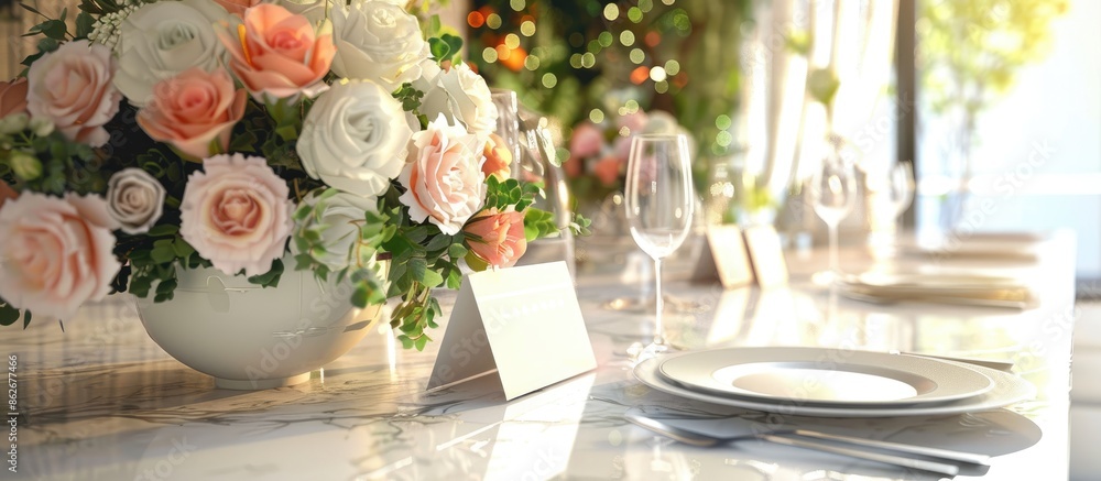 Poster A dining table with an attractive arrangement of flowers and blank cards is displayed on a copy space image.