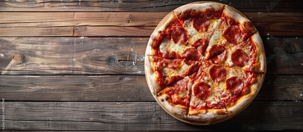 Poster italian pizza on wooden surface with space for text. copy space image. place for adding text and des