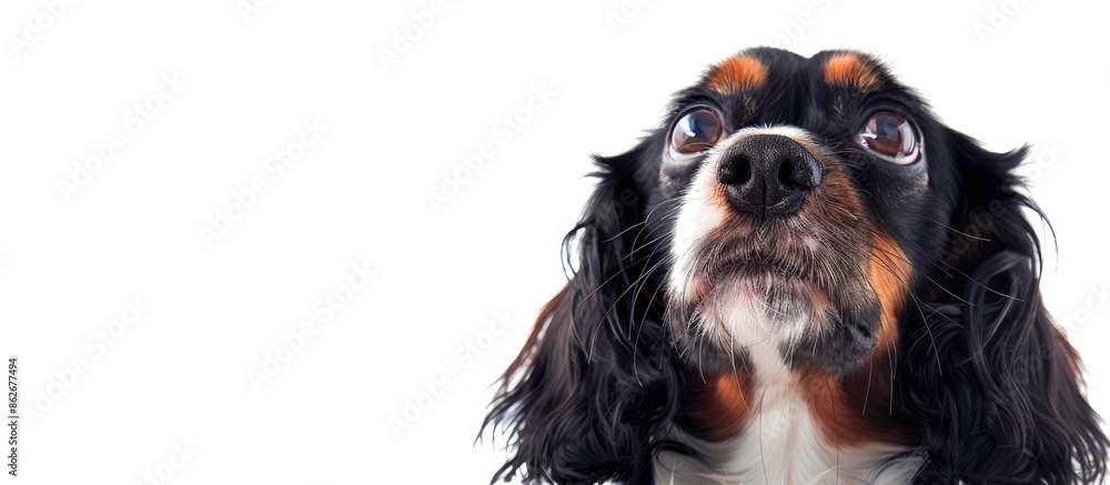 Poster adorable cavalier spaniel portrait against a white background with available copy space image.