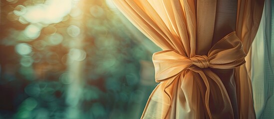 An elegant bow adorns the beautiful curtain on the window, adding a decorative touch with its natural material, creating a cozy atmosphere around a peaceful copy space image.