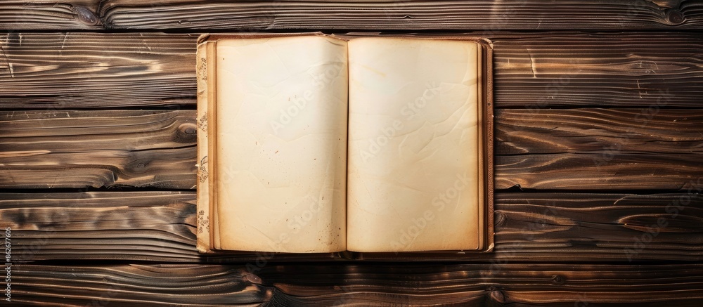 Poster wooden background with a blank open booklet, ideal for showcasing responsive design templates. add y