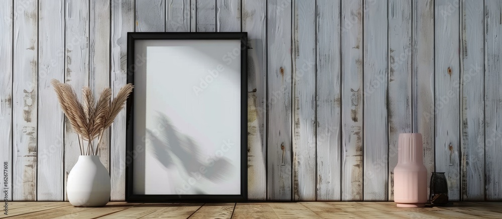 Aufkleber Portrait-oriented empty black frame mockup and vases positioned next to a wooden textured white wall displaying copy space image.