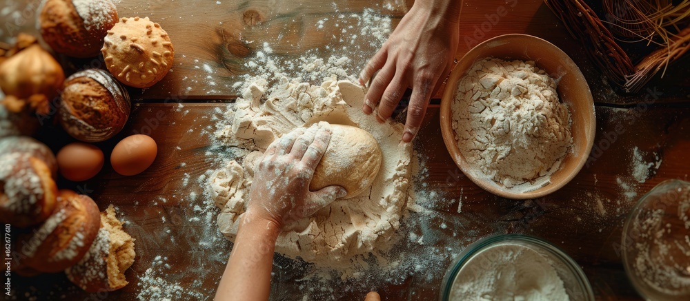 Poster A baker is getting ready to knead dough in a top-down view, illustrating a cooking and bakery concept with copy space image.