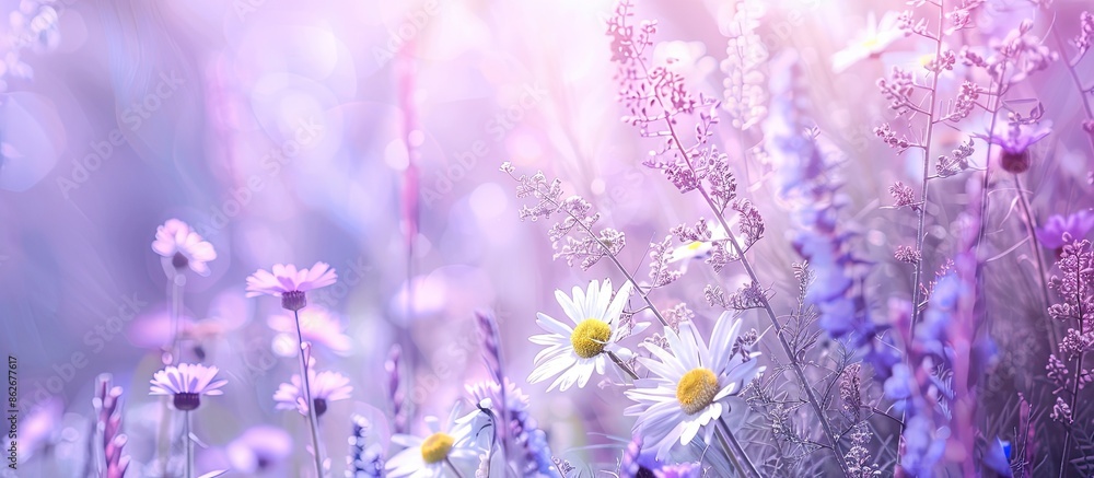 Aufkleber A copy space image with violet and light blue tones featuring chamomile and daisies on the left side of a meadow in a horizontal layout.