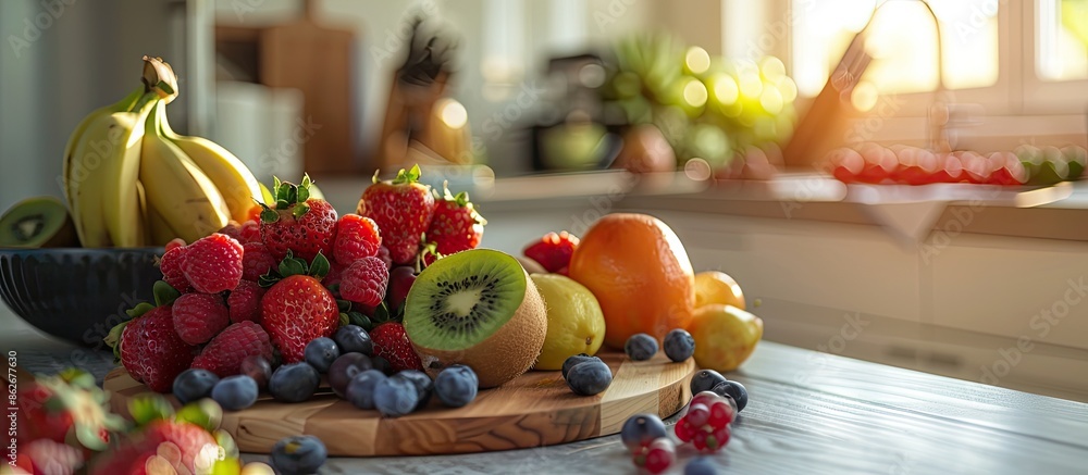 Poster a close-up perspective of juicy, fresh fruits placed on a kitchen table with a clear and spacious ba