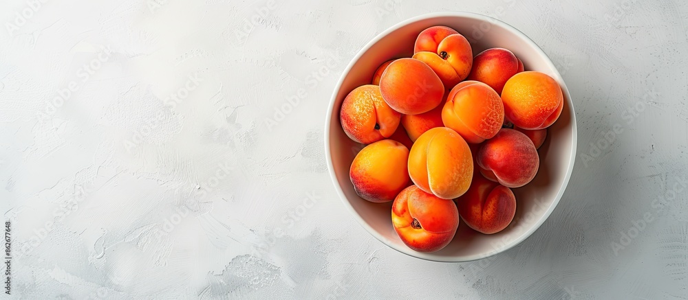 Aufkleber Delicious ripe apricots arranged in a bowl with a light background and space for text or images. Copy space image. Place for adding text and design