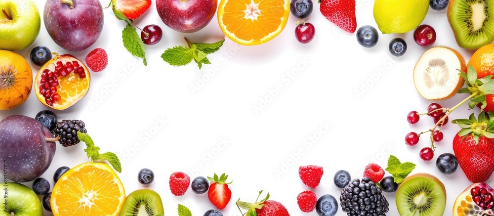 Wall mural promote fruits displayed on a blank white background with space for copy. - Wall murals