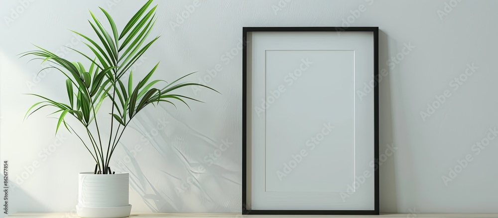 Aufkleber Table with a houseplant next to a photo frame on a white wall with a space for images. Copy space image. Place for adding text and design