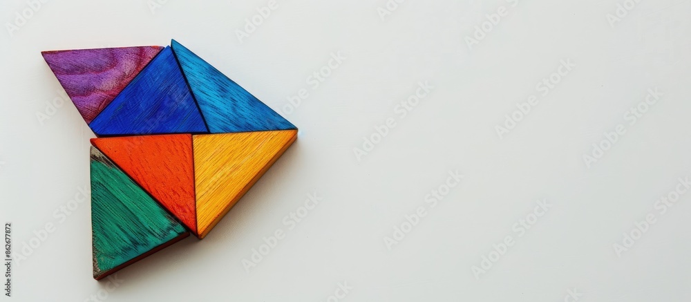 Poster closeup view of a single colorful tangram piece from a construction game on a plain white background