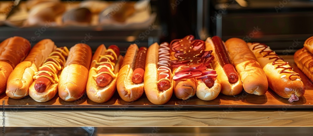 Sticker hot dogs displayed on a bakery shelf with copy space image available.