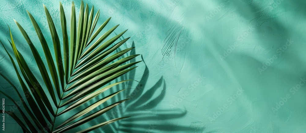 Poster Easter and Palm Sunday concept displayed on a green backdrop with a palm leaf casting a shadow, providing copy space image.