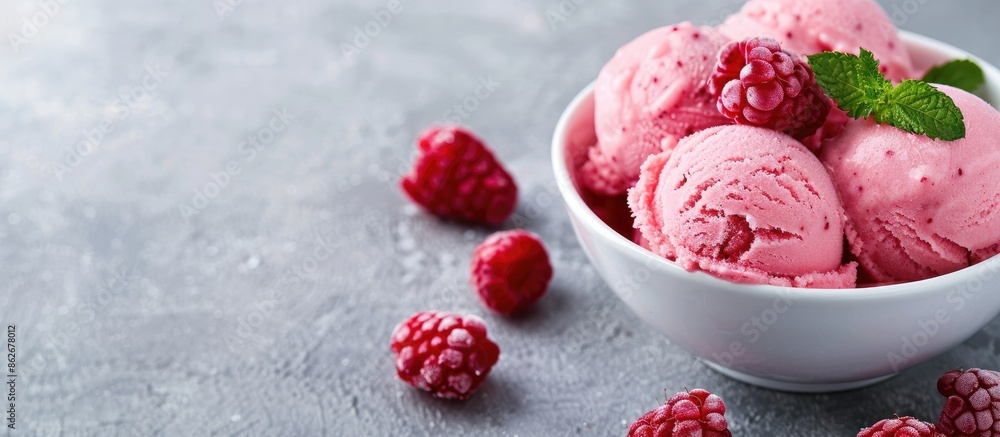 Aufkleber close-up of raspberry sorbet on a white plate set against a gray table background with available cop