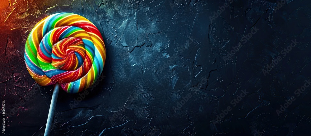 Poster Vibrant lollipop on dark backdrop with space for text. Ideal for party banners, sales, or discounts. Copy space image. Place for adding text and design