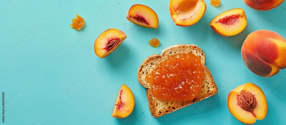 Fototapete top view copy space image of a sweet breakfast featuring toast with peach jam on a blue background, 