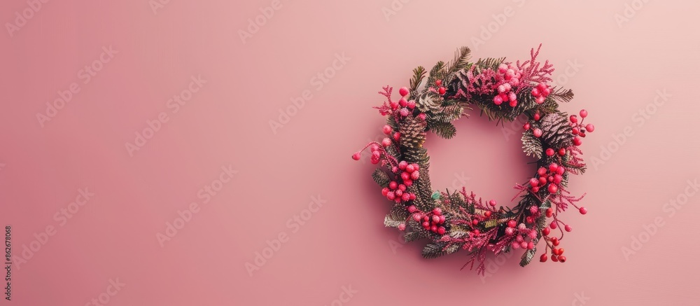 Poster A Christmas wreath displayed against a soft pink background, serving as a festive decoration. Positioned flat with a view from above and room for text or images. Copy space image