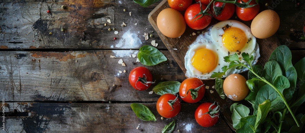 Poster closeup of various vegetables and raw eggs on a wooden table with copy space image.