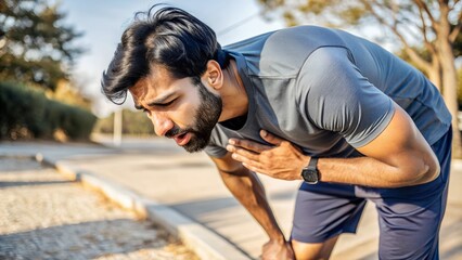 Tired Young Indian Male Athlete Bent Over in Park, Holding Chest, Feeling Severe Pain and Shortness of Breath After Jogging