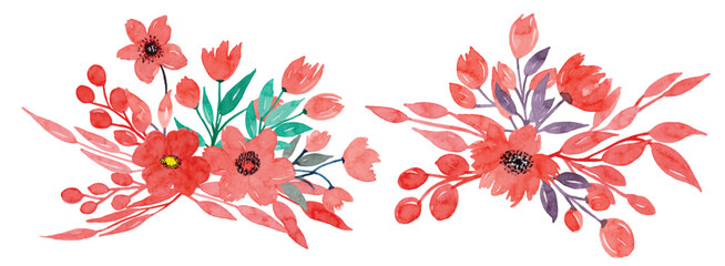 flower arrangement collection with watercolor. red flower bouquets, leaf branches, wedding ornament, floral poster, invite. greeting card, invitation design background