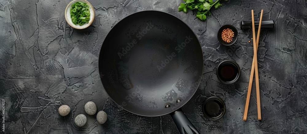 Aufkleber Flat lay of black wok, chopsticks, and assorted items on a textured table with room for text in the image. Copy space image. Place for adding text and design