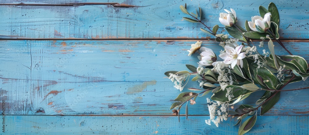 Poster floral arrangement on blue wooden boards. ideal for adding text to the copy space image.