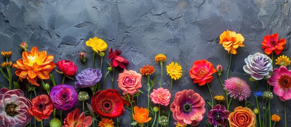 Poster colorful garden flowers displayed on a stone table background, providing a backdrop with ample copy 