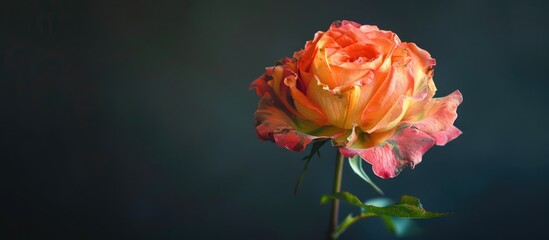 Obraz premium Vintage style still life painting featuring a macro shot of a pink, orange, and yellow rose blossom against a black backdrop with copy space image.