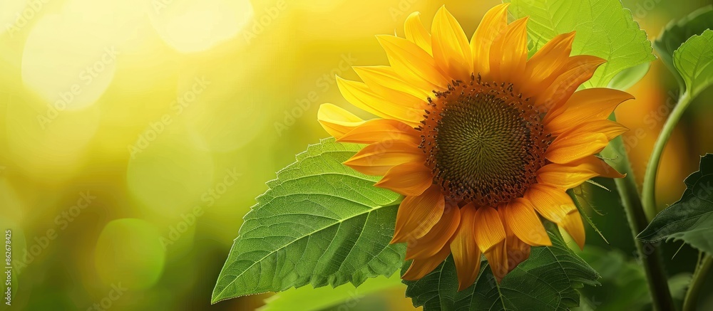 Aufkleber close-up view of a small sunflower with a green leaf in the frame, ideal for copy space image.