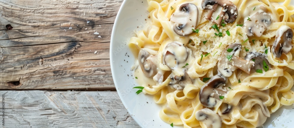 Aufkleber a delectable plate of pasta smothered in mushroom sauce displayed on a rustic wooden surface. ample 