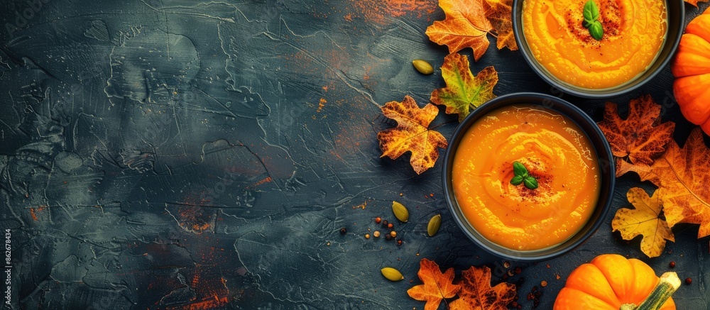 Poster View from above of pumpkin soup placed on a table, with ample copy space visible in the image.