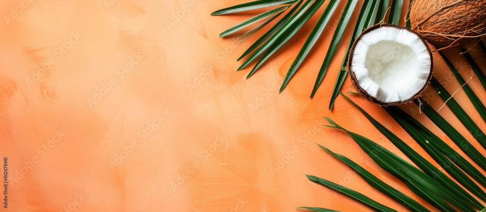 Fototapete top view of a palm leaf and coconut on a pastel orange background, ideal for a summer and tropical c