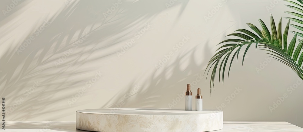 Poster Stone podium with a palm branch for displaying beauty products, set against a plain background with copy space image.