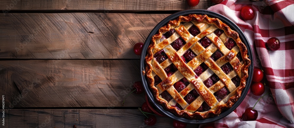 Poster traditional american cherry pie dessert with a sumptuous filling, set against a background of a rust