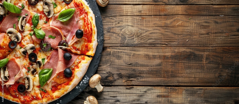 Poster top view of a slate platter showcasing a half pizza topped with ham, mozzarella, mushrooms, and oliv