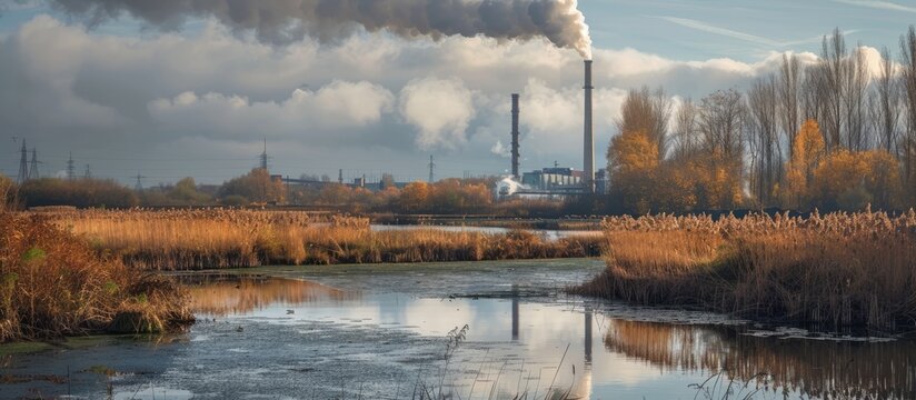 Autumn day at a waste incineration plant, releasing steam, set against soggy wetlands, creating a serene copy space image.