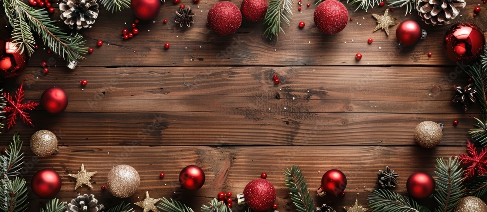 Poster christmas greeting card with festive decorations on a wooden background, embodying the new year conc