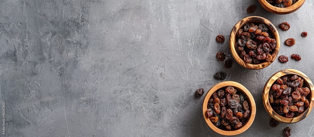 Poster wooden bowls filled with raisins, perfect for a nutritious meal, displayed from a top view on a grey