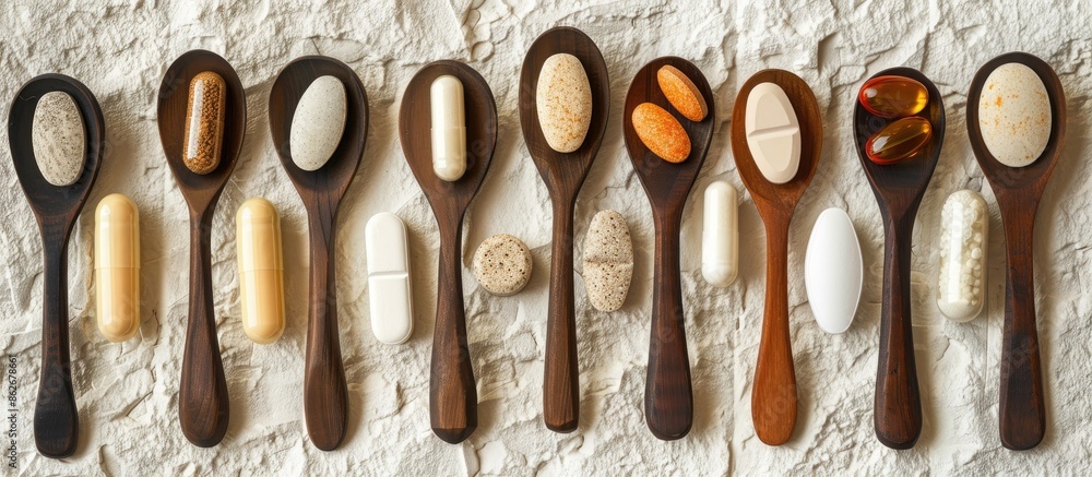 Aufkleber Nutritional supplements displayed in wooden spoons on a textured backdrop with a multivitamin complex for daily use, supporting immunity, with room for text or logos in the image. Copy space image