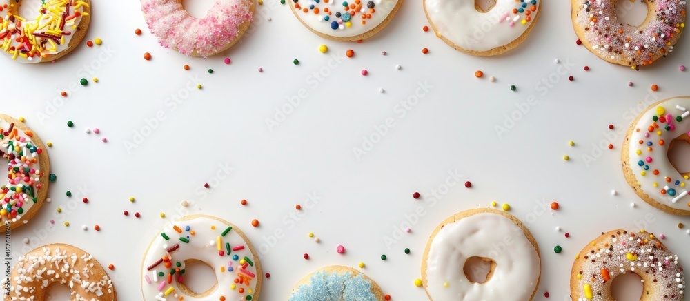 Poster Round frame of colorful glazed cookies on a white background with copy space image.