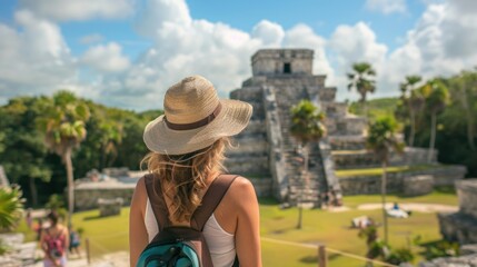 Fototapeta premium Woman tourist enjoying the view Pre-Columbian Mayan walled city of Tulum, Quintana Roo, Mexico, North America, Tulum, Mexico. El Castillo - castle the Mayan city of Tulum main temple