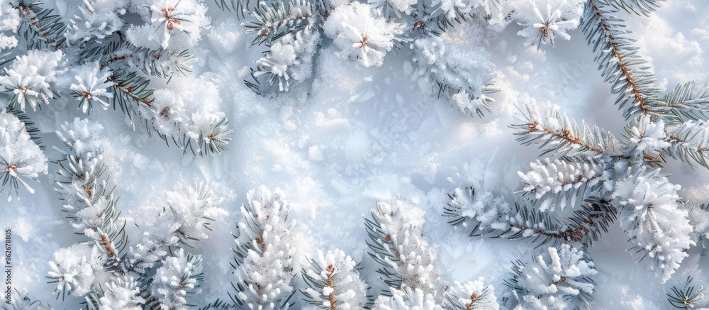 Poster snow covers pine branches creating a wintry, festive copy space image.