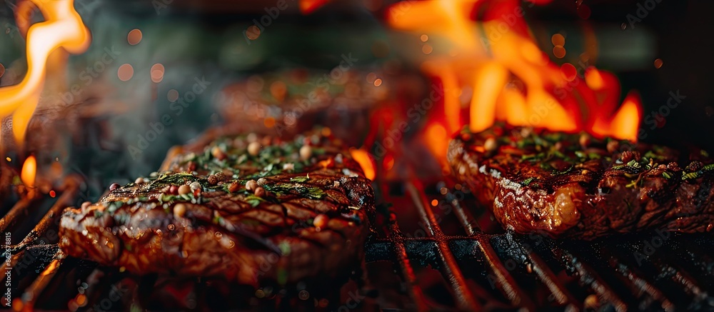 Poster copy space image of a flaming grill searing herb and spice-coated steaks with selective focus.