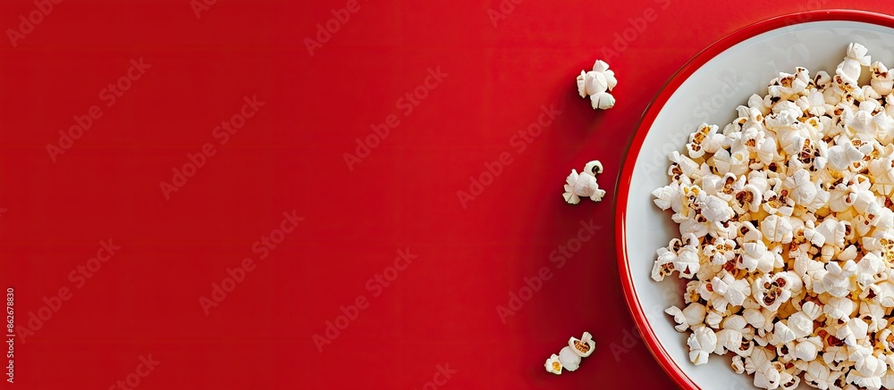 Poster close-up of a plate with popcorn on a red background, providing copy space image.