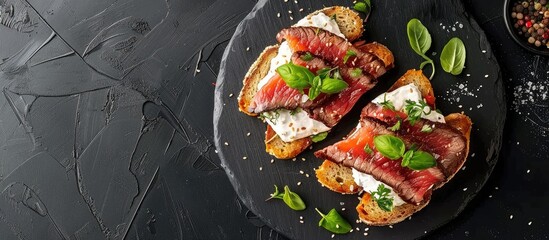 Japanese style open sandwich with simmered beef and cream cheese for fusion cuisine visuals with copy space image.