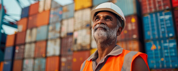 Fototapeta premium Indian worker standing in front of stacked shipping containers. Container terminal - freight shipping background. International trade banner. Import export concept.